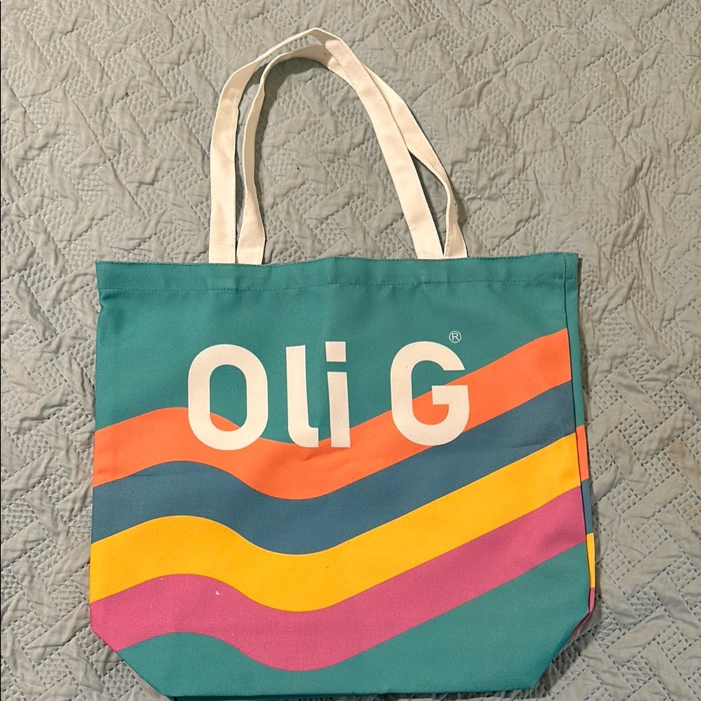 Teal Canvas Tote Bag with Colorful Wave Stripes
